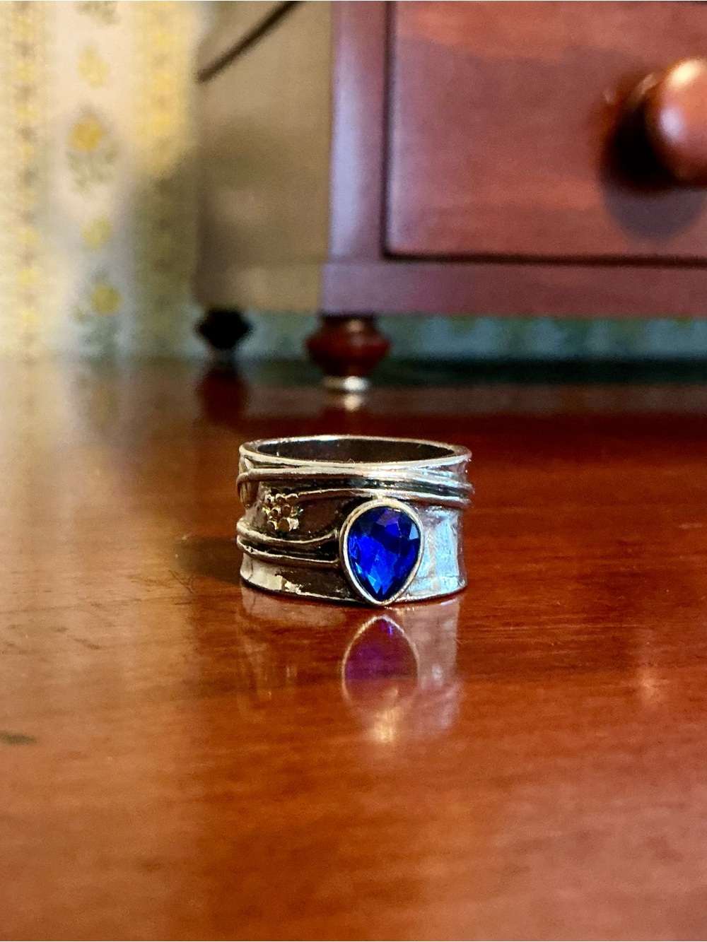 Sundance Silver Band Ring with Deep Blue Teardrop Stone